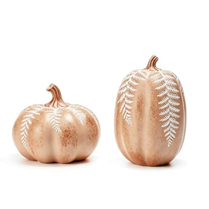 2Pcs Resin Pumpkin Figurines, Fern Fall Thanksgiving Decor - style: Fern Leaf Pumpkin