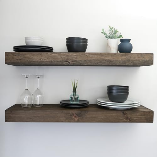 Urbandi Modern Floating Shelves 3 Inches Thick for Wall, Wide Shelves for Kitchen, Living Room, Bedroom, and Bathroom, Natural Pine Wood, Rustic Wooden Shelf, (Set of 2) (Jacobean, 24Lx3Hx8D) - color: Jacobean, size: 24Lx3Hx8D
