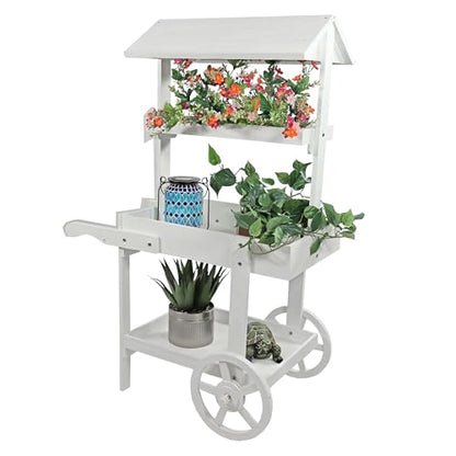 Sunnydaze Flower Cart Display Stand with Wheels, Fir Wood, 49” H, White - color: White