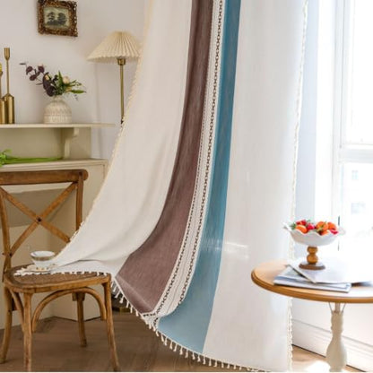 Deeprove Boho Linen Curtains 72 inch for Bedroom Living Room, Semi Blackout Southwest Fringe Window Treatment Bohemian Geometry Drape Rod Pocket 1 Panel 52" W x 72" L, Blue and Brown - color: Blue + Brown, size: 52"W x 72"L (Pack of 1)