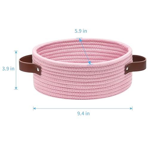 ABenkle Mini Woven Cotton Rope Storage Basket - Oval Decorative Shelf Gift Basket for Nursery, Empty - 9.4" x 5.9" x 3.9 - color: Pink