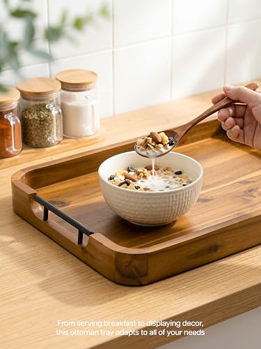 TIDITA 20"x14" Wooden Large Ottoman Tray, Serving Tray with Metal Handles - color: Acacia Color, size: 20" x 14" x 2"