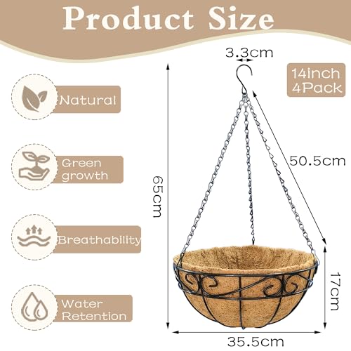 EIMQUVW Outdoor Metal Hanging Planters Basket (4pack, 14 inch) Hanging Baskets for Plants Chain Round Wire Plant Holder with Coco Fiber Liners for Garden, Patio, Deck, Porch(Flower Border) - size: 14 Inch