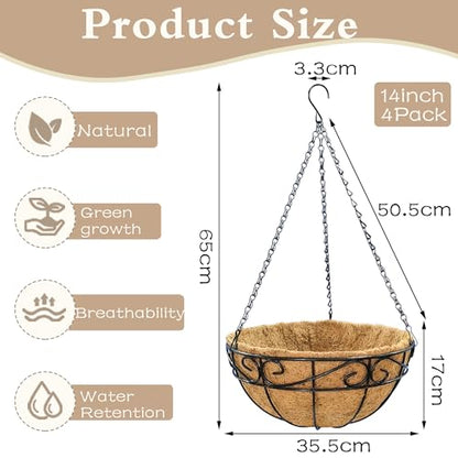EIMQUVW Outdoor Metal Hanging Planters Basket (4pack, 14 inch) Hanging Baskets for Plants Chain Round Wire Plant Holder with Coco Fiber Liners for Garden, Patio, Deck, Porch(Flower Border) - size: 14 Inch