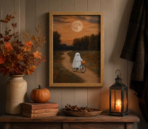 Framed Spooky Ghost Halloween Wall Art,Vintage Gothic Whimsical Painting Picture Wall Decor,Cute Ghost Riding Bike with Pumpkin Poster Print Artwork,for Living Room Bedroom Bathroom Home Decoration - color: Cycling Ghost, size: 16"L x 12"W
