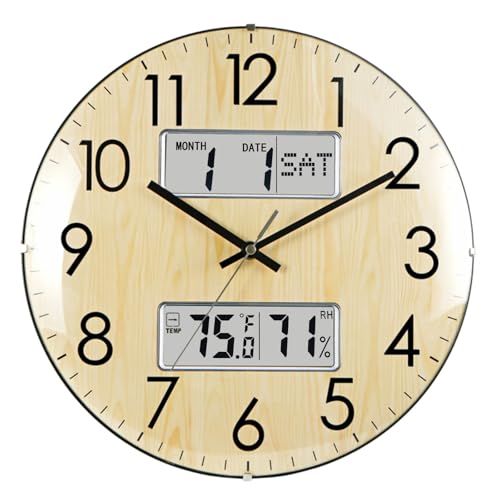 Nbdeal 13-Inch Analog Silent Wall Clock with Calendar Temperature & Humidity (Natural) - color: Natural
