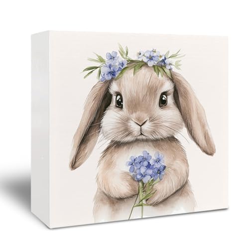 Easter Wooden Box Sign - Retro Bunny Spring Desk Decor, Easter Decorations, Bunny Spring Floral Wooden Box Sign for Home Shelf Desk Table 5x5 Inch - color: Myosotis
