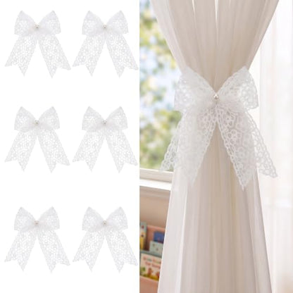 White Lace Bow Curtain Tiebacks 6-Pack, Vine Floral Curtain Holdbacks - color: White Daisy Floral
