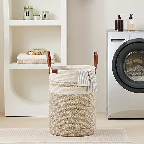 VIPOSCO 72L Tall Woven Rope Laundry Hamper, Leather Handles, Brown & White - color: Brown & White, size: 72L