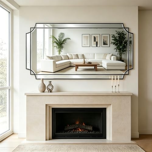 59"x30" Large Rectangle Beveled Mirror with Geometric Wood Frame - color: Black, size: 59"L x 30"W