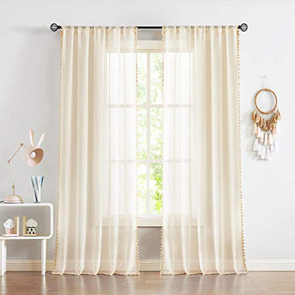 Natural Pompom Linen Sheer Curtains for Living Room Bedroom 52x72 Voile 2pc - color: Natural, size: 52"W x 72"L (Pack of 2)