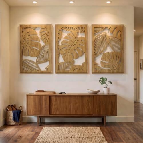 Large Framed Boho Cutout Carved Wood Wall Art for Living Room, 24x36 Inch - color: Natural Color