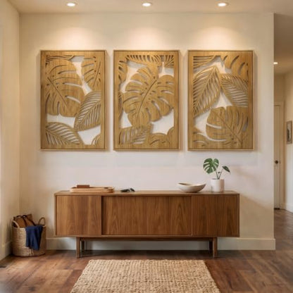 Large Framed Boho Cutout Carved Wood Wall Art for Living Room, 24x36 Inch - color: Natural Color