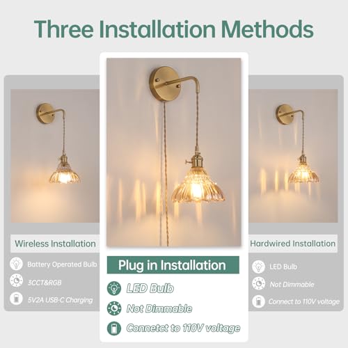 Shenmoyl Vintage Wall Sconce with Amber Lily of the Valley Glass Shade Hanging Wall Sconce with 4.9FT Plug in Cord, Modern Wall Lamp Fixtures Decor for Bedside Bedroom Indoor Doorway - color: Lily of the Valley-Amber, size: 1Pack-Plug in