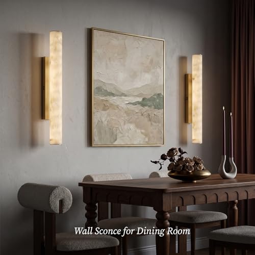 Artisan Alabaster Wall Sconces Set of 2, 36in Long Brass Linear Sconce, Faux Alabaster Bathroom Vanity Lights, 3000K Dimmable Gold Modern Wall Light for Bedroom, Living Room, Hallway, Stairs - color: Gold-36in-2Pcs