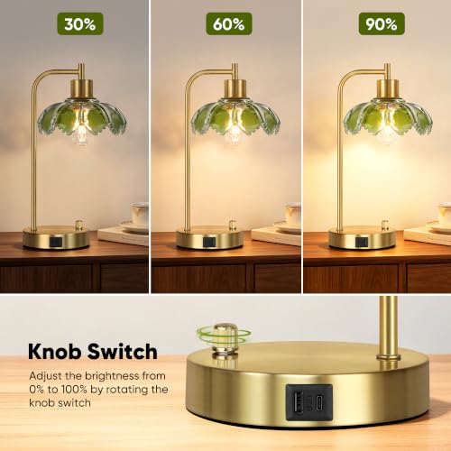 Glass Table Lamps Set of 2, Green Dimmable Bedside Lamps for Living Room - color: Gold&Green-2