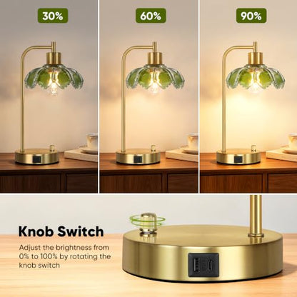 Glass Table Lamps Set of 2, Green Dimmable Bedside Lamps for Living Room - color: Gold&Green-2