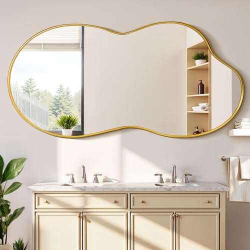 Suidia Irregular Wall Mirror, 48"x26" Bathroom Mirror Asymmetrical Mirrors Artistic Mirrors Decorative for Living Room Bedroom Bathroom Hallway Entryway, Gold, Cloud Style - color: Gold, size: 48"L x 26"W