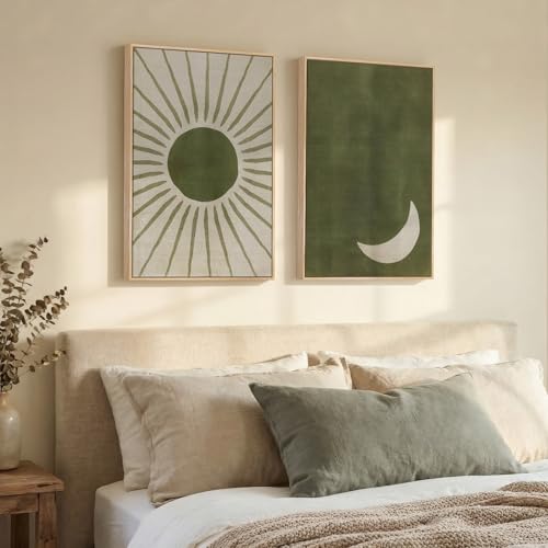 Framed Green Boho Abstract Mid Century Modern Wall Art Bedroom, 16x24 Inch - color: Green Beige, size: 16" W x 24" H x 2Pcs