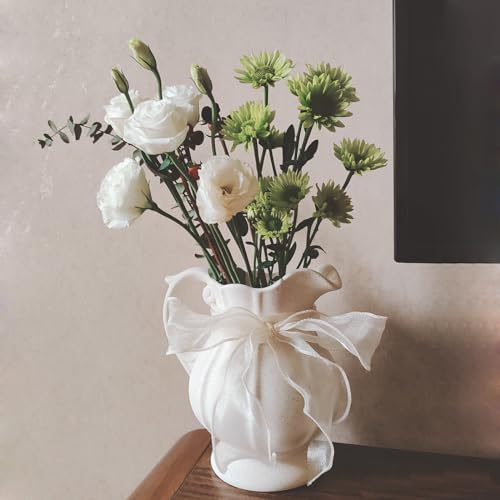 Large Rustic Ceramic Vase for Home Decor, Antique Textured Wide Mouth Farmhouse Clay Jug Pitcher Pottery Flower Vases with Handle for Aesthetic Gift… - size: 9''B