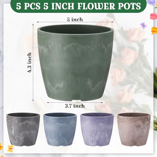 CroBlissful 5 Pack Flower Pots 5 Inch Outdoor Plant Pots for Indoor Marble Pattern Plastic Tree Planters with Drainage Holes Gardening Gifts for Patio Home Garden Desk Decoration