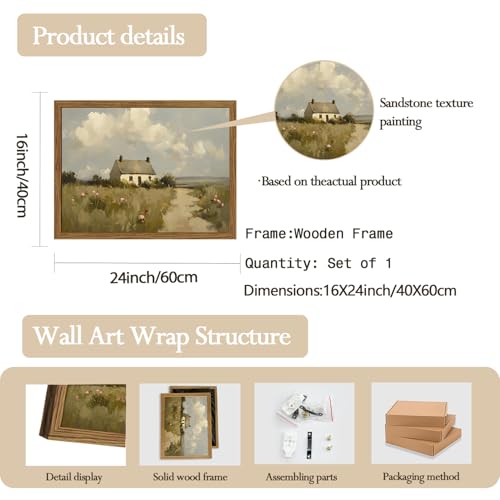 Vintage Farmhouse Wall Art, Country Cottage Wall Decor Paintings, Framed 3D Textured Hand Drawn Sandstone Natural Countryside Landscape Artwork for Bedroom Living Room 16x24 inch Wood Frame - color: Color D, size: 24"L x 16"W