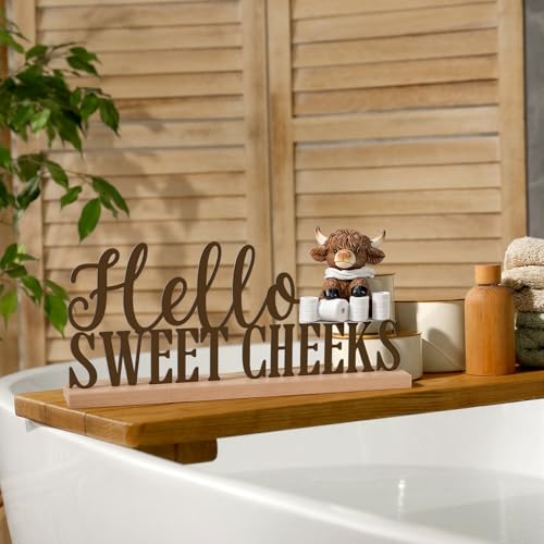 Roowest Meatal Hello Sweet Cheeks Sign Highland Cow Bathroom Decor - style: Highland Cow