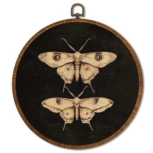 Vintage Wall Art 10x10 Inch, Round Framed Canvas Print of Vintage Butterfly & Moths, Dark Moody Circular Wall Art Decor for Living Room, Bedroom, Neutral Retro Artwork (Black2) - color: Black2