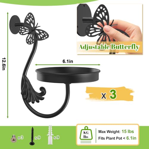 Metal Wall Plant Holder 3Pcs Indoor Outdoor Wall Flower Shelf - color: Black-Butterfly-3Pcs