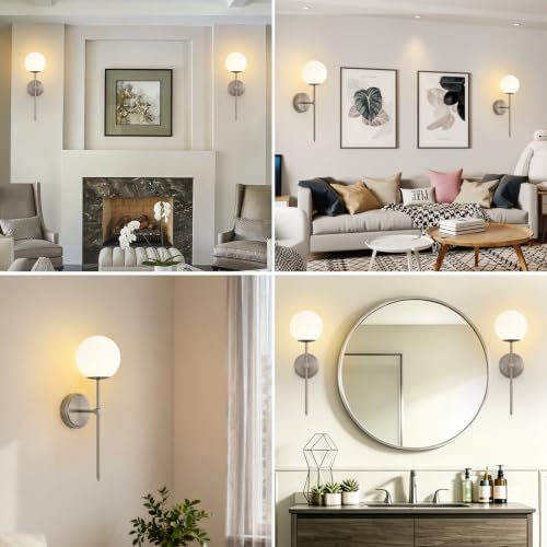 Globe Battery Operated Sconce Set of 2 with Clear Glass Lampshade - color: Brushed Nickel-Frosted White