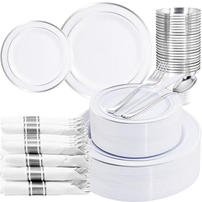 WELLIFE 210 Piece Silver Plastic Dinnerware Set for 30 Guests, Include: 30 Dinner Plates, 30 Dessert Plates, 30 Pre Rolled Napkins with Silverware and 30 Silver Cups - color: Silver, style: 210PCS（30 Guests）