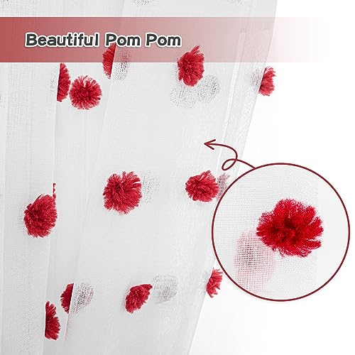 MYSKY HOME Red Pom Pom Curtains for Kitchen Windows 45 Inch Long 2 Panels - color: Red Pom Pom, size: 50"W x 45"L (Pack of 2)