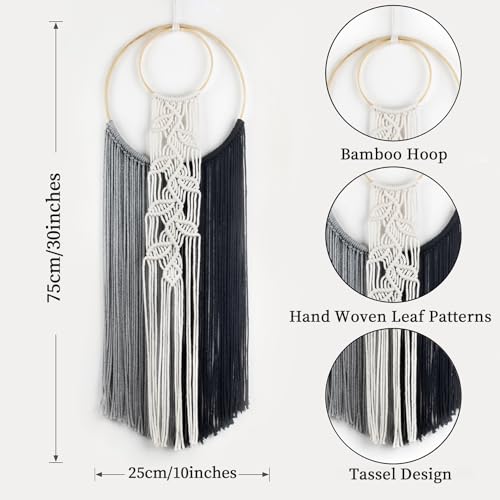 LB Black Macrame Wall Hanging, Handmade Woven Tapestry- Boho Dream Catchers Grey and Black Hanging Macrame Wall Art for Living Room Apartment Office Backdrop,10X30 Inch - color: Grey