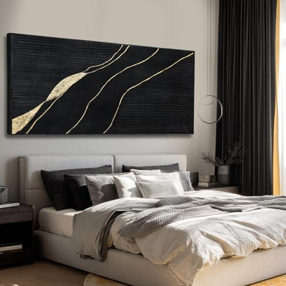 Black Gold Hand Painted Abstract Canvas Wall Art Living Room 32x70 Inch - color: Black, size: 70"L x 32"W