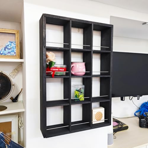 12 Grid coffee mug display shelf, 17x25" Wooden cup shelf for wall, Black - color: Black