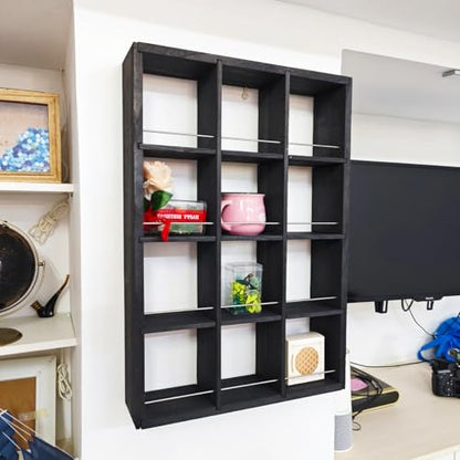 12 Grid coffee mug display shelf, 17x25" Wooden cup shelf for wall, Black - color: Black