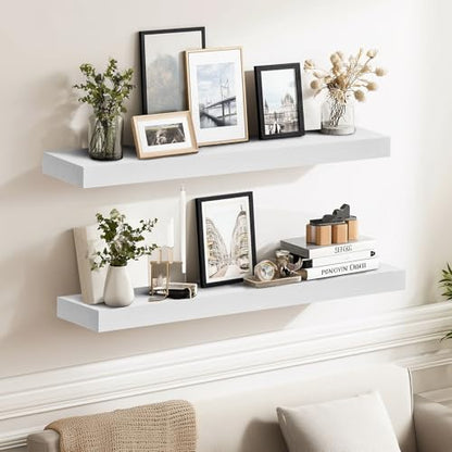 Solid Wood Floating Shelves, 24 Inch Wall Shelves, Set of 2, White - color: White, size: 24x8x1.6