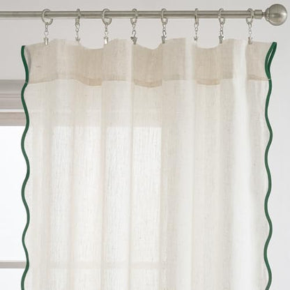DriftAway Semi Sheer Scalloped Edge Linen Coastal Beach Window Curtains for Living Room Bedroom 2 Panels Rod Pocket Each Size 52 Inch by 96 Inch Loden Green - color: Linen Loden Green, size: 52"W x 96"L (Pack of 2)