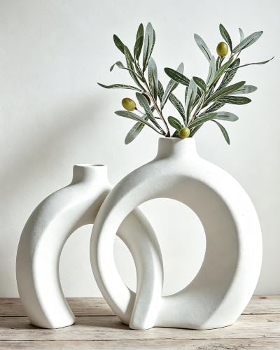 Donut Ceramic Vase Set of 2 for Flower or Home Decor (Matte Cream White) - color: Matte Cream White