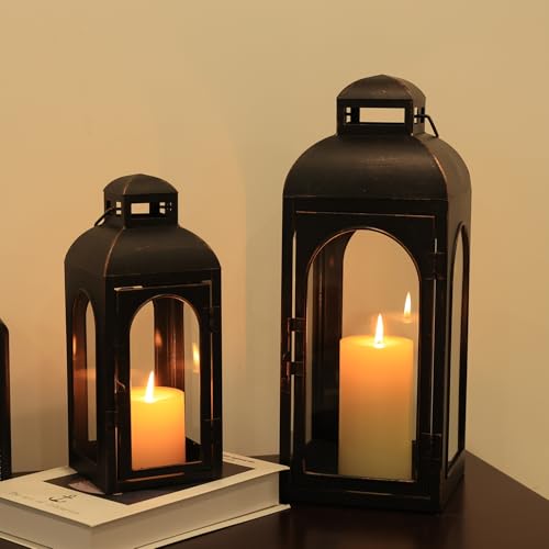 NEEDOMO Lanterns Decorative Indoor,Set of 2 Outdoor Lanterns for Porch, 20" Metal Frame Candle Holders Hanging Lights,with Glass, Spring, Fall, Christmas - size: 20''/13''H