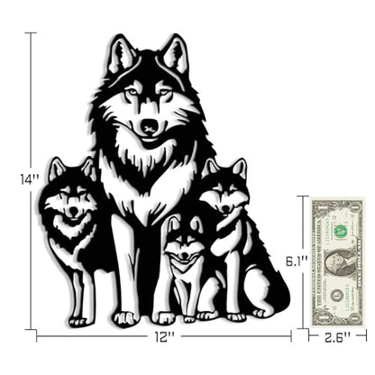 Maoerzai Geometric Wolf Family Metal Wall Art Decor, Perfect for Living Room, Office, Bedroom Entrance (Black - 12 x 14 Inch)