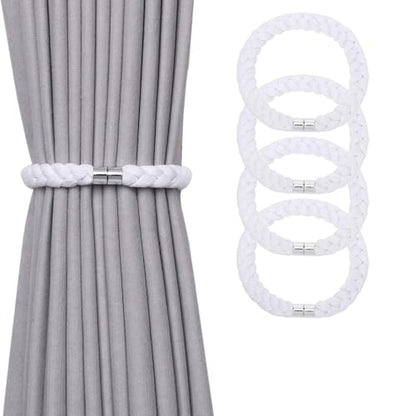 NICEEC 4 Pack Natural Cotton Rope Magnetic Curtain Tiebacks Elegant Twisted Braid Style Drape Tie Backs Soft Hand-Woven Rope Curtain Holdbacks for Home & Office Window Draperies (White-01) - color: White-01, size: 4 Pack