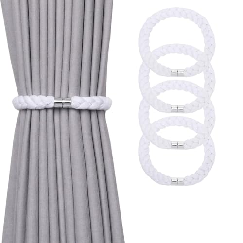 NICEEC 4 Pack Natural Cotton Rope Magnetic Curtain Tiebacks Elegant Twisted Braid Style Drape Tie Backs Soft Hand-Woven Rope Curtain Holdbacks for Home & Office Window Draperies (White-01) - color: White-01, size: 4 Pack