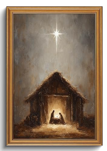 Vintage Gold Framed Christmas Wall Art Christian Nativity Canvas Print - color: Holy Night, size: 24"L x 16"W