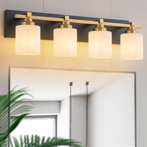 Modern Bathroom Light Fixtures Over Mirror, Vanity Lights for Bathroom Wall Sconces with Milky White Glass Shades, E26 Socket (Bulbs Not Included), 4 Light, Black Gold - color: Black Gold, size: 27.16 inch-4-Light