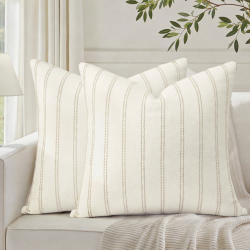 HOMEIDEAS Decorative Cream Throw Pillow Covers 24x24 Set of 2 - color: Cream Striped, size: 24" x 24" (Pack of 2)