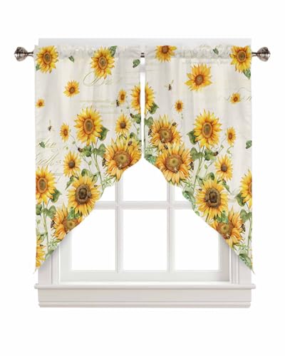 Sunflowers Swag Valances Kitchen Curtains 36 Inches Length, Yellow Botanical Floral Tier Drapes Swag Topper, Country Flowers Plants Bee Short Window Treatments for Small Windows Cafe 2 Panels 28"x36" - color: Yellow Green, size: 28"W x 36"L (Pack of 2)