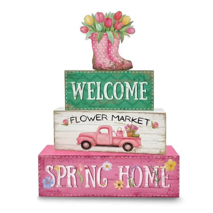 4Pcs Fall Decorations, Wooden Table Decor for Thanksgiving (Spring)