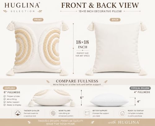 Ivory White Embroidered Throw Pillow with Insert Included, 18x18 Decorative Pillow, Soft Polyester Fabric, Textured Tufted Embroidery, Corner Tassels, Modern Farmhouse Boho Accent Pillow