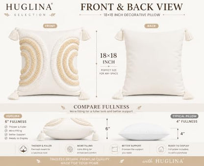 Ivory White Embroidered Throw Pillow with Insert Included, 18x18 Decorative Pillow, Soft Polyester Fabric, Textured Tufted Embroidery, Corner Tassels, Modern Farmhouse Boho Accent Pillow